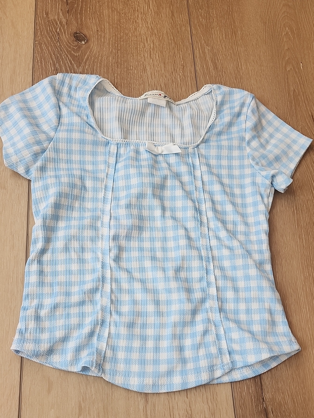 Light Blue Gingham Short Sleeve Top, Girls 10/12